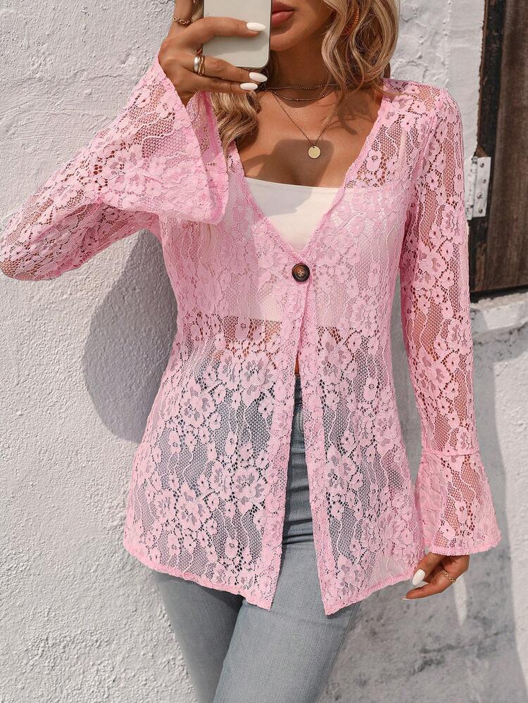 Ladies Fashionable Plain Lace Printed Long Sleeve Top