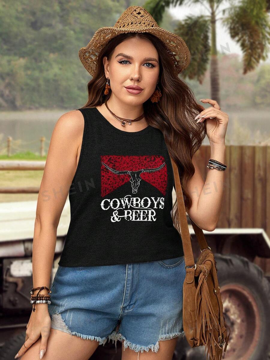 SHEIN LUNE Plus Size Western Wear Bull Head And Cowboy Pattern Music