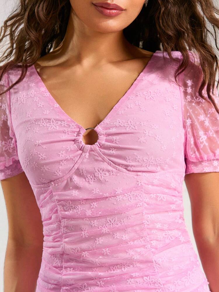 Women V-Neck Gathered Mesh Spliced Slim Fit Daily Wear Dress