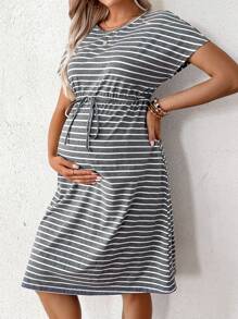 SHEIN Summer Fashionable Loose Striped Maternity Dress