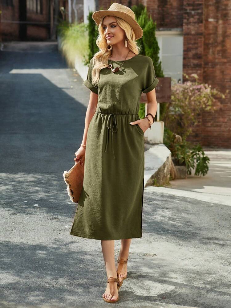 Women's Summer Brick Red Round Neck Batwing Short-Sleeve Midi Dress