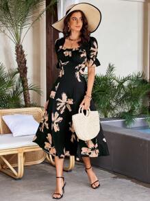 GENKIRA Đầm dài tay phồng in họa tiết hoa phong cách Pháp lãng mạn cổ vuông dành cho nữ, hoàn hảo cho bữa sáng muộn và kỳ nghỉ hè - Nhiều màu - Xem 1