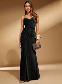 SHEIN Belle 女士夏季亮片褶饰长款美人鱼细肩带晚会礼服正式舞会礼服女士黑色优雅舞会婚礼宾客礼服，适合毕业典礼、晚宴 - 黑色 - 查看 4