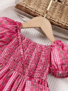 Infant Girls'  Print Puff Sleeve Dress For Daily Wear In Summer
