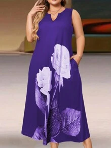 SHEIN Clasi Kích thước lớn Mùa hè Ngày lễ Hoa In Váy không tay Với Chải Đường viền cổ chữ V Và Cổ Vết đẻo - Màu tím  Violet - Xem 5