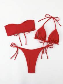 SHEIN Swim 純色露背式和無肩帶比基尼套裝上衣，側邊綁帶泳裝簡約式坦腹短褲，夏季海灘泳裝三件套裝，適用於夏季海灘 - 紅色 - 查看 2