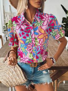 Breezaya Chemise décontractée pour femmes à manches bouffantes et imprimé fleuri coloré pour les vacances de printemps/été