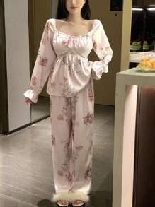 DAZY Ladies" Stylish French Print Satin Pajama Set - Pink - View 7