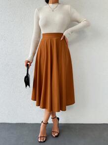 SHEIN 小碼純色百褶A字休閒優雅裙 教師節 辦公室 棕色 冬季 - 駝色 - 查看 4