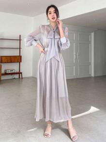 DAZY Solid Color Loose Long Sleeve Lady Shirt With Ribbon Tie Sheer