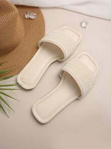 Damen Große Größen Nude Flache Sandalen mit Fake Perlen Dekor, mit 5 Größen Farbverlauf Fake Perlen, Lässig Komfortable Rutschfeste Slip-On Pantoffeln für den Sommer, Größe 35-43 Valentinstag