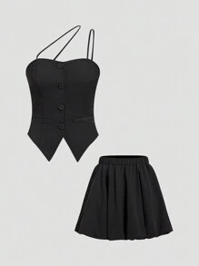 SHEIN Privé Conjunto de camisa de tirante con botón único para hombro descubierto y falda de burbujas de cintura alta sin mangas para mujeres, verano - Negro - Ver 1