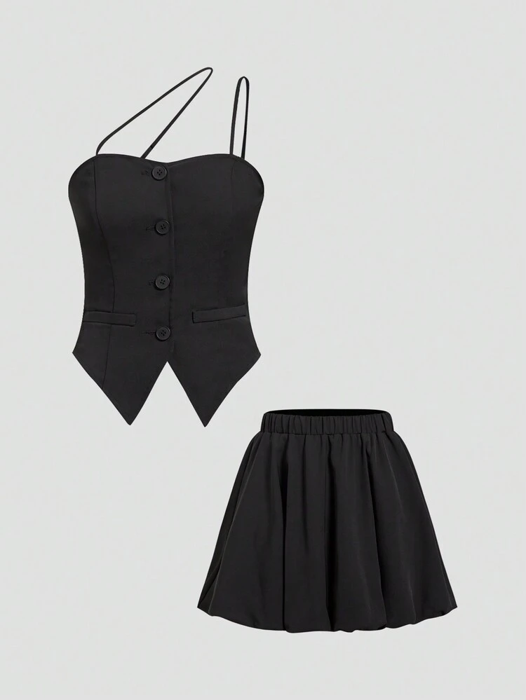 Women's Summer Single-Button One-Shoulder Sleeveless Top And High-Waist Bubble Skirt Two-Piece Set. Teacher's Clothes. Suitable For Commuting Style,Business Casual Women