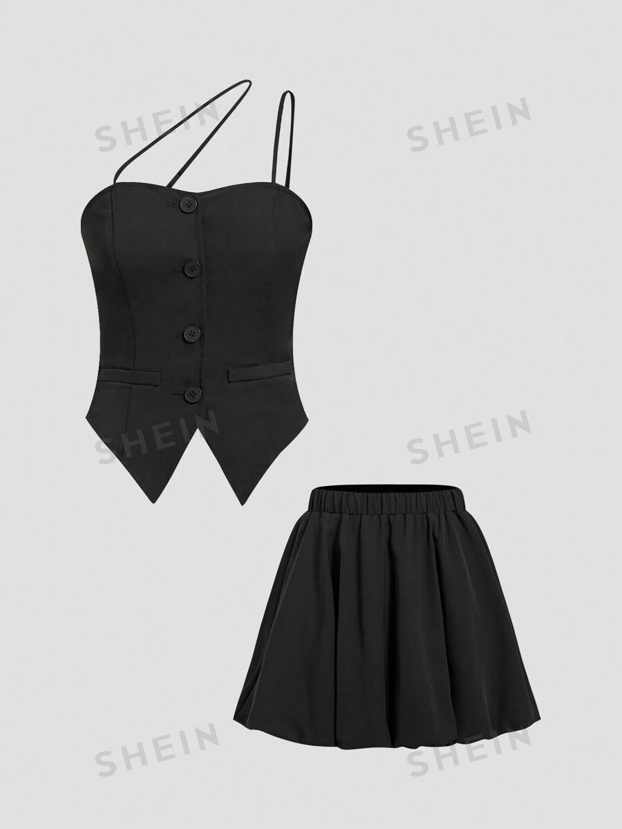 SHEIN Privé Conjunto de camisa de tirante con botón único para hombro descubierto y falda de burbujas de cintura alta sin mangas para mujeres, verano - Negro - Ver 1