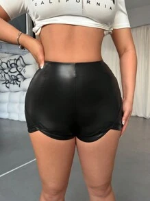 SHEIN SXY Sexy PU Asymmetrical Hem Street Style Women Shorts - Black - View 4