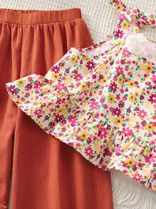 SHEIN LMoss Kids Conjunto de verano para niñas con top tipo camiseta de tirantes con estampado floral tejido y pantalones casuales sueltos y tejidos