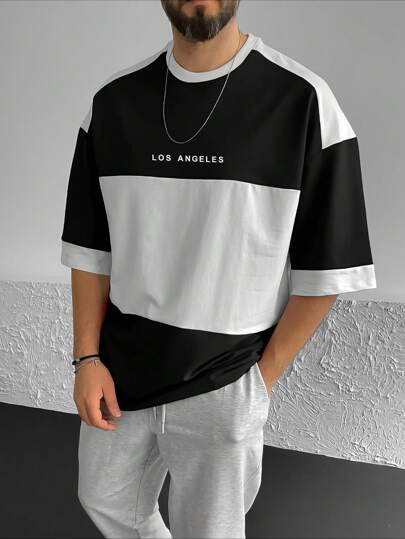 Manfinity Homme 男士宽松彩色块字母印花短袖 T 恤适合夏季休闲装