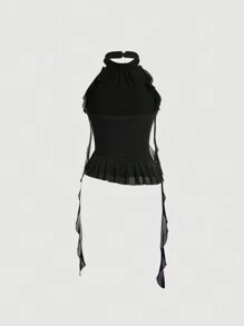 SHEIN MOD 復古3D花Ribbon裝飾女士合身背心，有頸套 - 黑色 - View 2