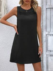 SHEIN LUNE 女士純色蕾絲拼接圓領無袖洋裝