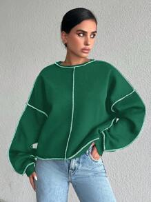 EURMUSE 95% Cotton Drop Shoulder Stitching Detail Thermal Lining Sweatshirt - Olive Green - View 4