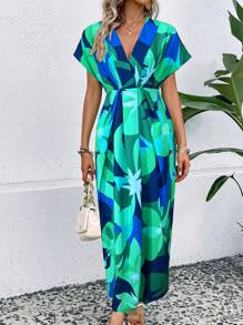 SHEIN LUNE Vestido largo suelto de manga murciélago con cuello en V y estampado de plantas para mujeres en estilo vacacional de verano (estampado aleatorio) - Verde - Ver 4