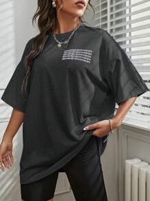 Lunelith SHEIN Lunessa Women Summer Loose Fit Drop Shoulder Short Sleeve Casual T-Shirt With Letter Print And Round Neck Abcdefghijklmnopqrs Abcdefghijklmnopqrs Abcdefghijklmnopqrs Abcdefghijklmnopqrs