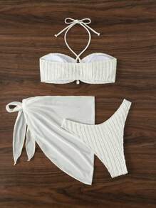 SHEIN Swim 3 pièces/set Top licou de couleur unie pour femme, short de bain, ensemble bikini avec jupe cache-maillot en tissu spécial pour plage d'été