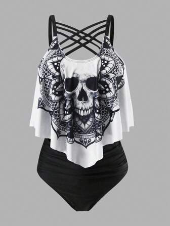 SHEIN Swim Curve 加大码夏季海滩骷髅与曼陀罗印花比基尼套装，适合度假和万圣节