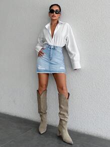 RueChic Women Fashionable High-Waisted Ripped Denim Skirt With A Unique Design - Light Wash - View 4