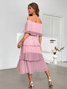 SHEIN Privé Romantic Women Off-Shoulder Pleated A-Line Midi Dress, Suitable For Wedding And Vacation