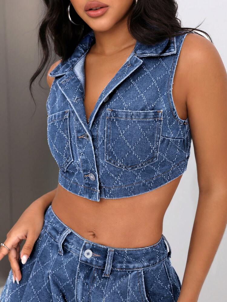 Women Fashion Dual Pocket Button Up Corp Denim Top