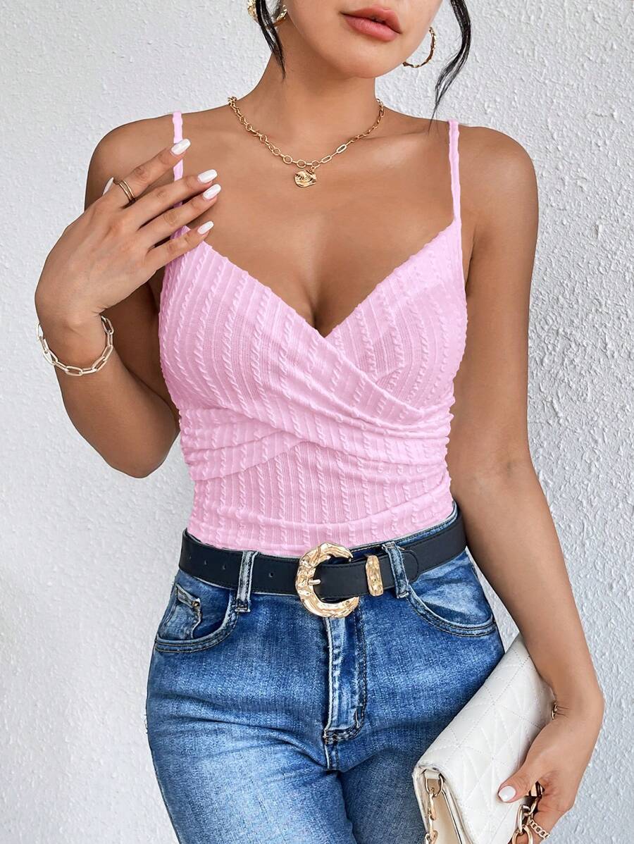 Breezaya Summer Leisure Solid Color Texture Ruffled Slim Fit Camisole Top - Pink - View 1