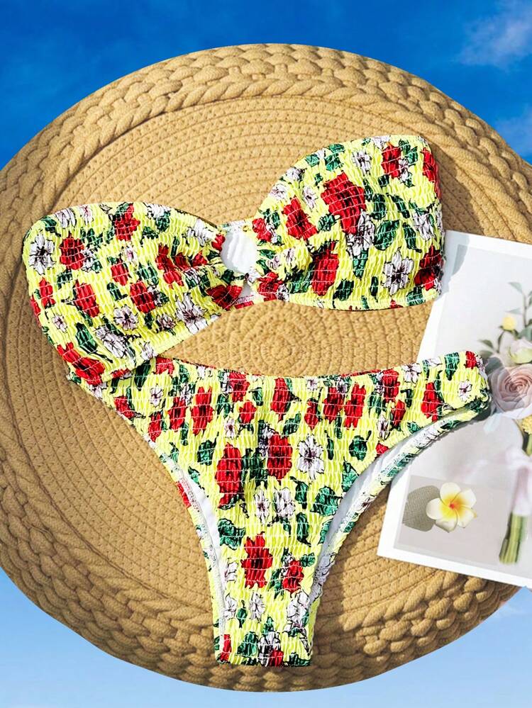 Women's Floral Print Bandeau Bikini Set, Detachable Halter Strap, Wire Free, Ideal For Vacation Summer