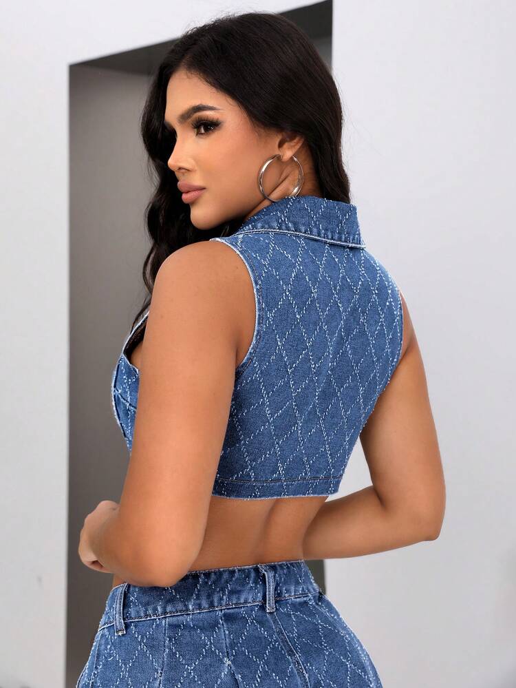 Women Fashion Dual Pocket Button Up Corp Denim Top