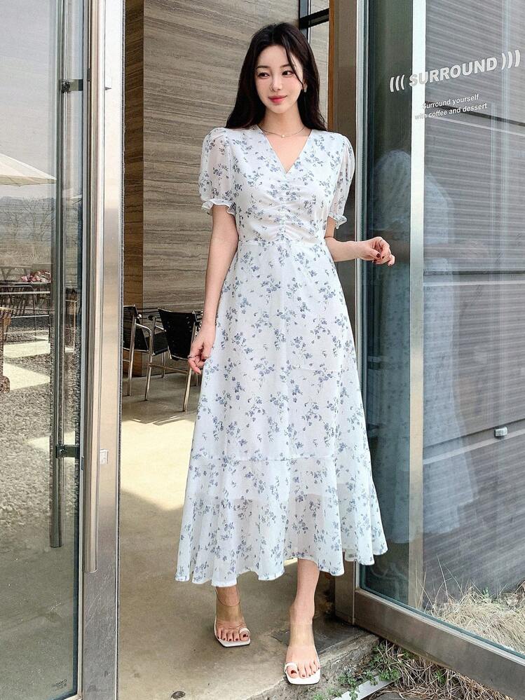 【関税込】DVF★花柄プリント パフスリーブ ミニラップドレス XSサイズあり【ROBE de FLEURS/ローブドフルール】ハート