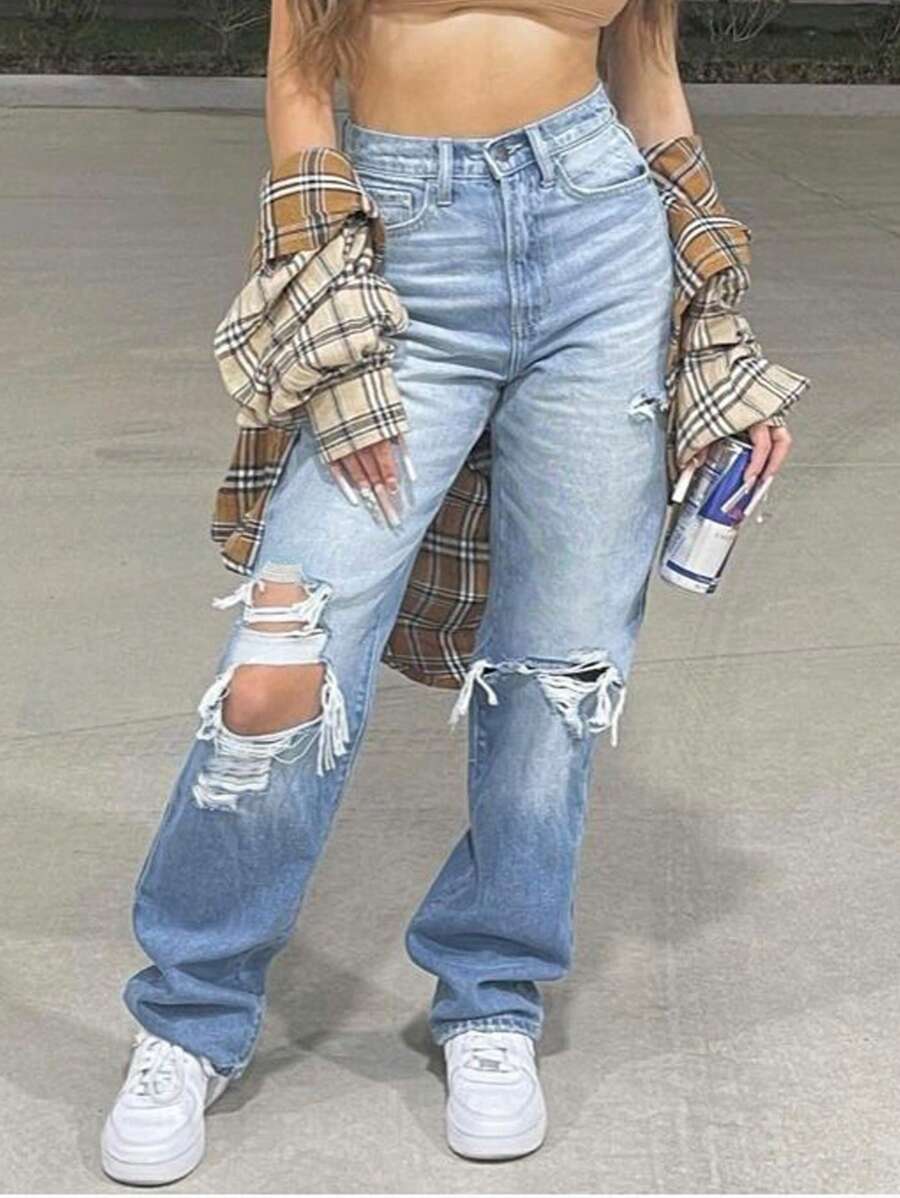 Jeans rectos casuales y holgados con bolsillos y rasgados para mujer - Lavado ligero - Ver 1