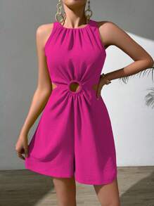 Chiquease Green Women Jumpsuit With Halter Neck, Hollow-Out Waist, Ruffled Texture Fabric - Hot Pink - View 4