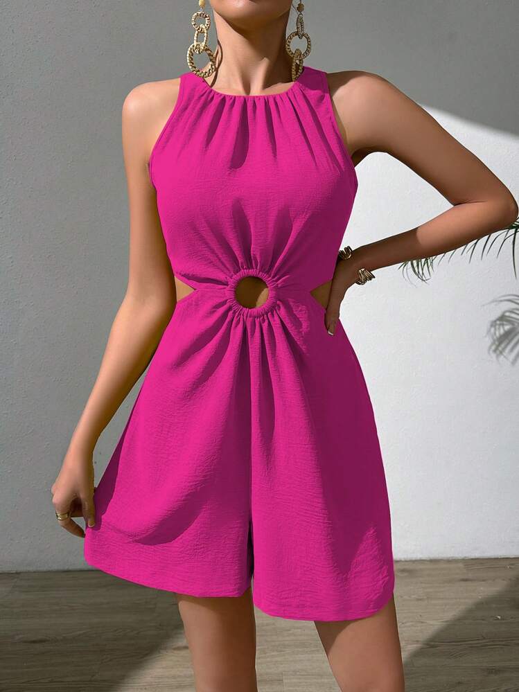 Chiquease Green Women Jumpsuit With Halter Neck, Hollow-Out Waist, Ruffled Texture Fabric - Hot Pink - View 4
