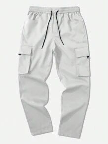 Manfinity Homme Men Drawstring Waist Flap Pocket Casual Cargo Pants, For Fall - Light Grey - View 3