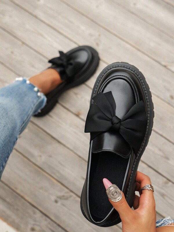 Women's 4.5cm Platform Bow Decor Round Toe Slip-On Loafers, Casual Leather Shoes With Waterproof Flatform Vintage Comfortable For Commuting