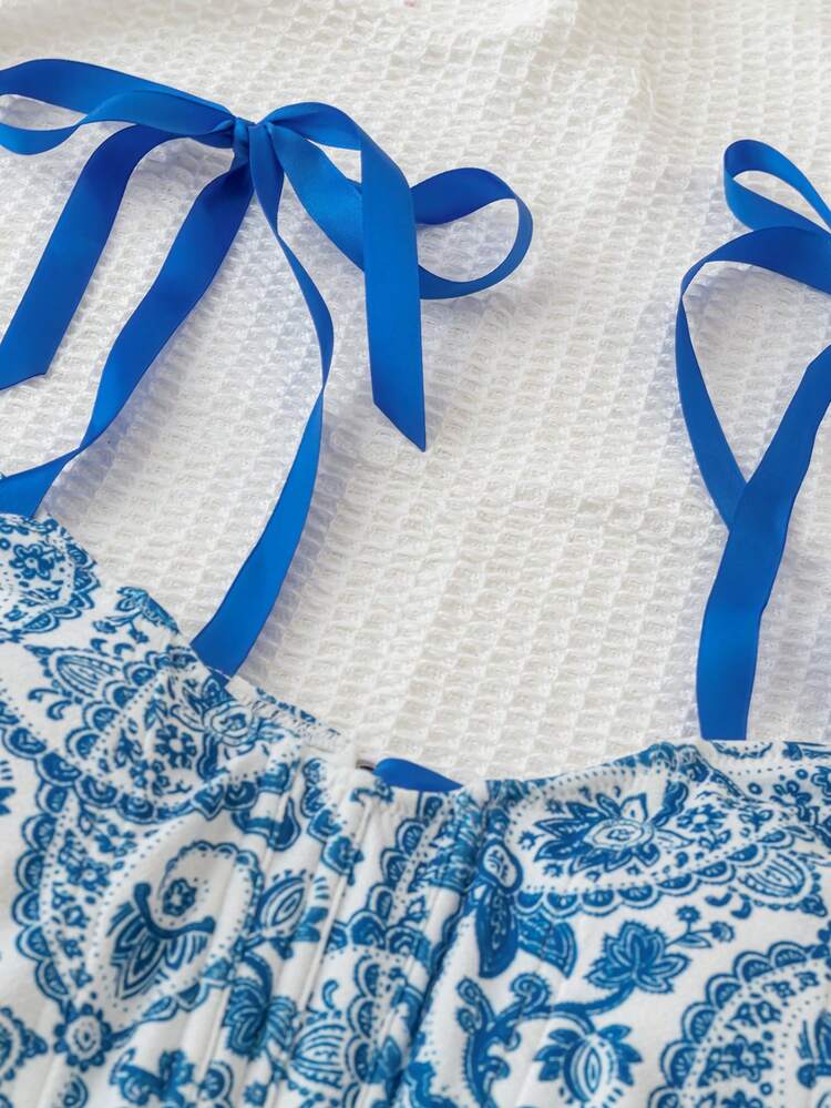 Plus Size Summer Strap Top With Paisley Print And Off-Shoulder Design With Crisscross Tie Blue And White Paisley Pattern Romantic Vacation Top, Country Concert Spring Music Festival Spring Top