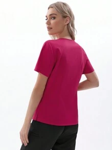 TaskEZ SHEIN Essnce Women's Summer  Nurse Uniform Jogging Wear  Women Scrubs Side Vents  4-Pocket V-Neck Scrub Top Total Of 4 Pockets - Hot Pink - View 3