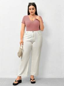 SHEIN Essnce 大碼女性新款夏季時尚休閒純色坑織布料V領短袖3入連身衣 - 粉色 - 查看 6