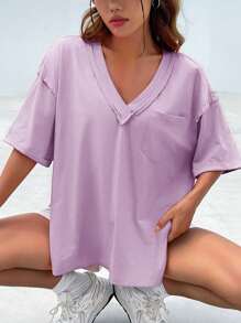SHEIN EZwear Casual Loose Knit Women V-Neck T-Shirt