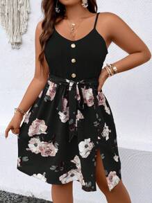 EMERY ROSE Plus Floral Print Split Hem Belted Cami Summer Boho Dress - Black - View 1