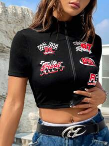 SHEIN EZwear 夏季休閑字母印花拉鍊前立領修身短款上衣T恤 - 黑色 - 查看 5