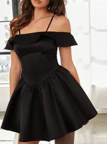 Forever 21 Đầm trễ vai màu đen dành cho nữ có viền xếp nếp, Đầm mini dự tiệc tốt nghiệp A-Line Satin - màu đen - Xem 5