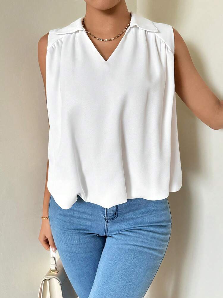 Women Summer Casual Elegant Dating Collared Loose Sleeveless Blouse With Ruched Hem