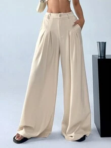 SHEIN EZwear Pantalon large pour femme de couleur unie avec poches et bande en ceinture ajustable