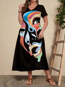 EMERY ROSE 夏季 V 领短袖印花抽象脸长款大码连衣裙，休闲修身 - 黑色 - 查看 6